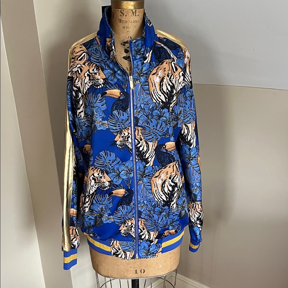Vibrant Blue and Gold Bomber Jacket with Tiger Print Unisex